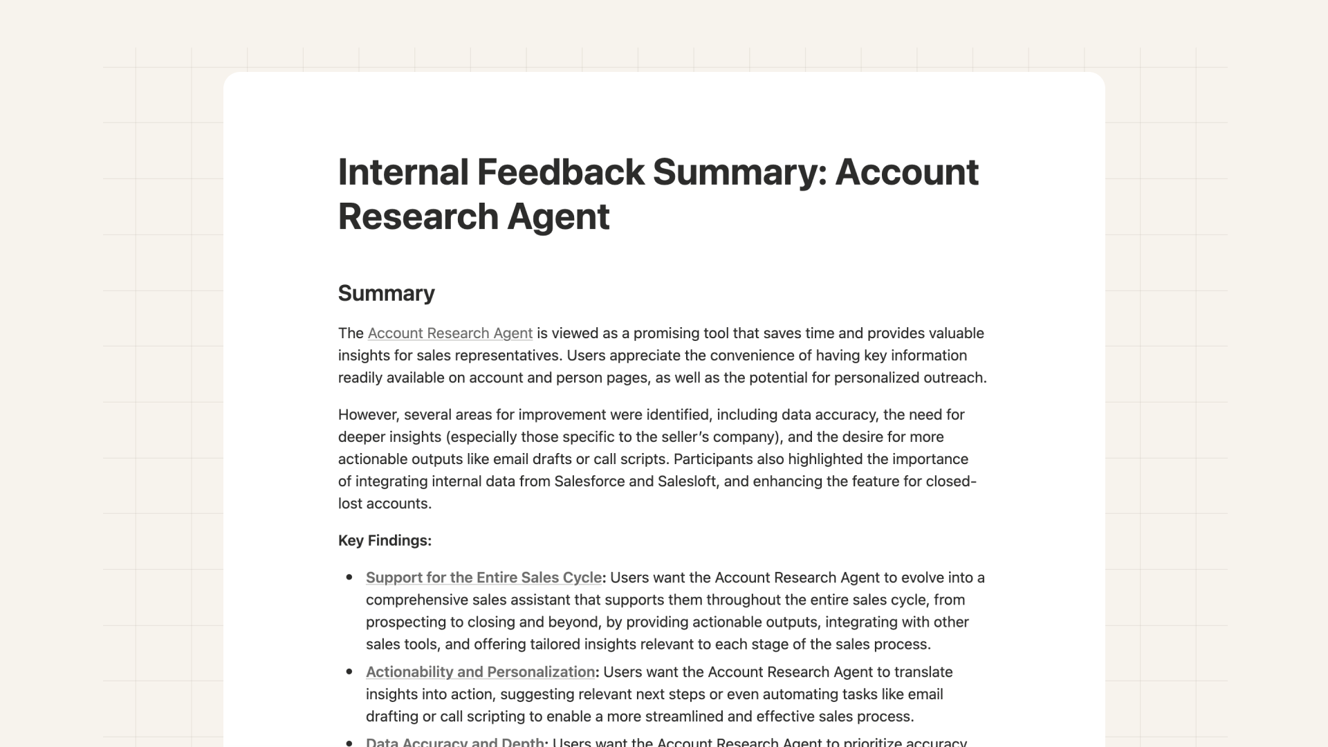 Internal research synthesis artifact — prioritized findings presented to Product
