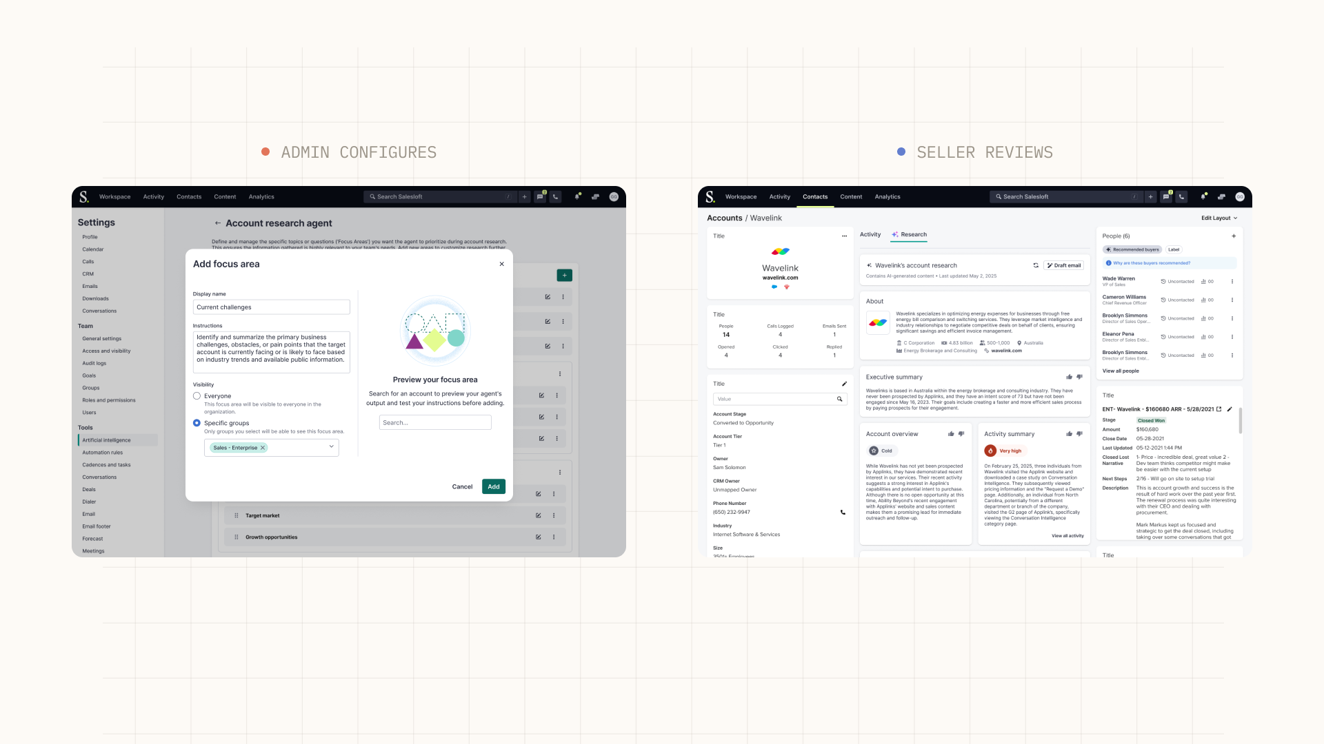 Admin configuration panel and seller view of AI output, the governed customization loop