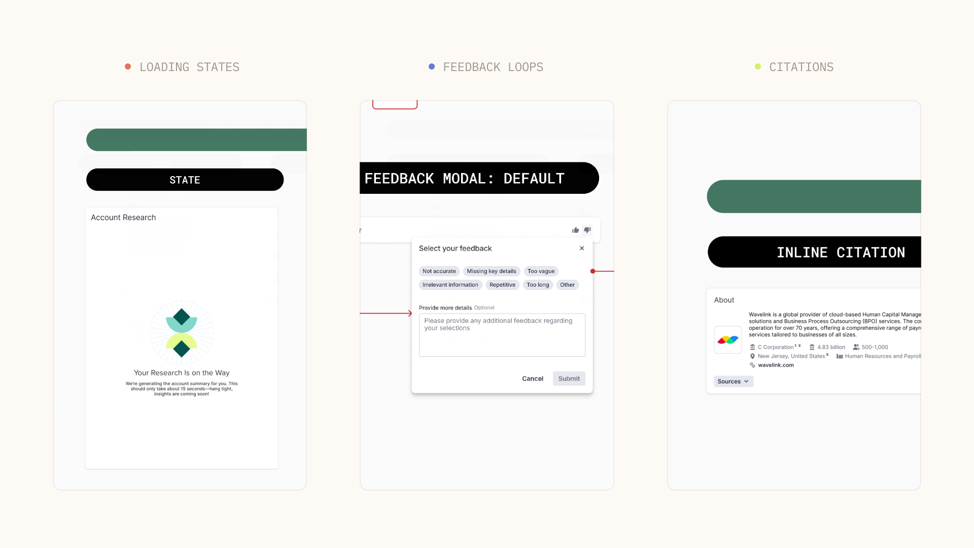 AI pattern library — shared trust signal patterns across capabilities: disclosure, attribution, feedback, error states